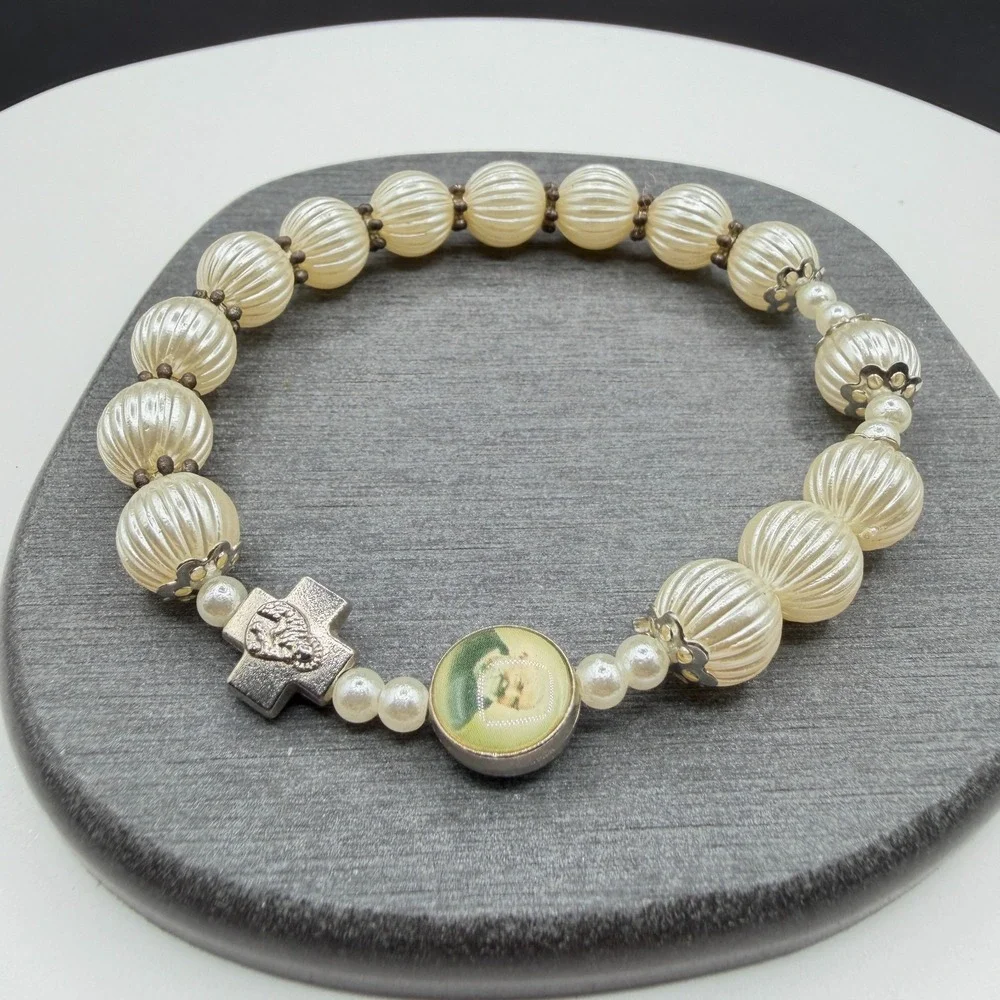 Catholic Devotional Cross Portrait Cream Faux Pearl Stretch Bracelet Religious